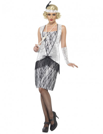 Déguisement charleston argenté à dentelle femme Déguisement charleston argenté à dentelle femme