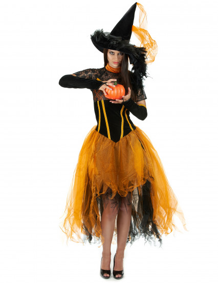 Déguisement sorcière dentellée orange femme Halloween Déguisement sorcière dentellée orange femme Halloween