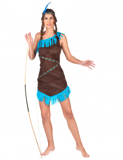 Déguisement indienne marron et bleu femme Déguisement indienne marron et bleu femme