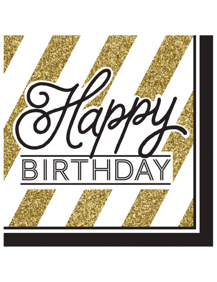 16 Serviettes en papier Happy Birthday noires et dorées 33 x 33 cm 16 Serviettes en papier Happy Birthday noires et dorées 33 x 33 cm