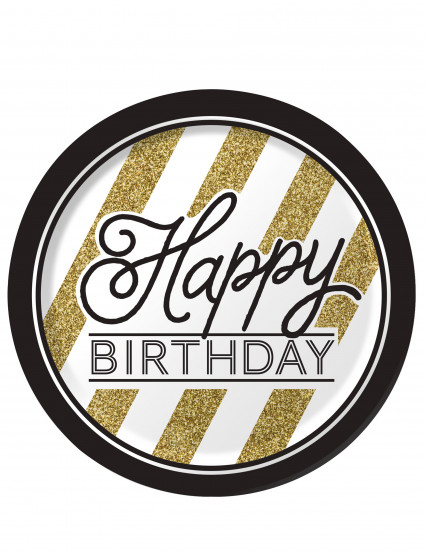 8 Assiettes en carton Happy Birthday Noir et Or 23 cm 8 Assiettes en carton Happy Birthday Noir et Or 23 cm