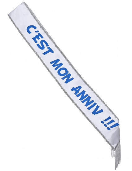 Écharpe en satin c'est mon anniv !!! blanche et bleue 150 x 10 cm Écharpe en satin c'est mon anniv !!! blanche et bleue 150 x 10 cm