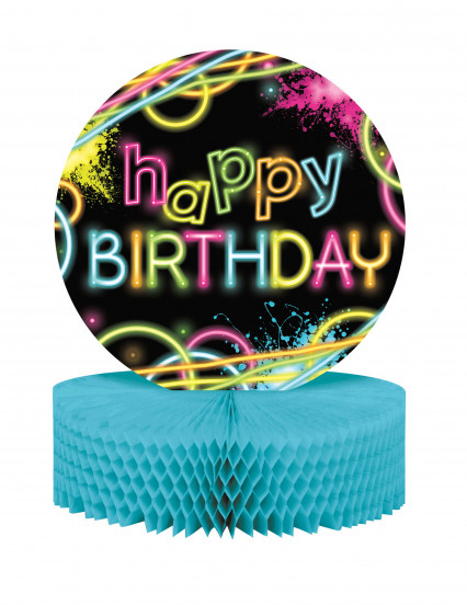 Centre de table en papier alvéolé happy birthday Glow Party 23 x 30 cm Centre de table en papier alvéolé happy birthday Glow Party 23 x 30 cm