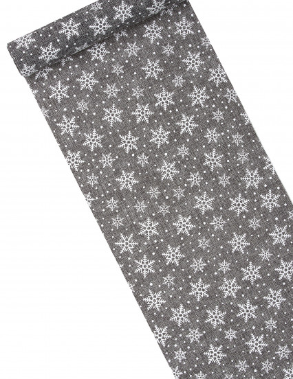 Chemin de table en toile grise avec flocons 28 cm x 4 m Chemin de table en toile grise avec flocons 28 cm x 4 m