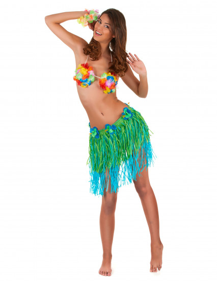 Jupe hawaïenne courte verte et bleue avec fleurs adulte Jupe hawaïenne courte verte et bleue avec fleurs adulte
