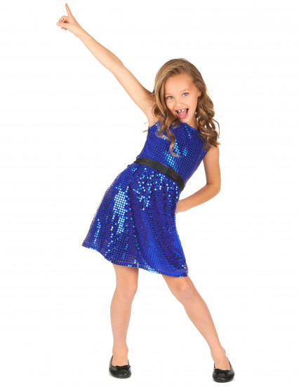 Déguisement robe disco bleue paillette avec gros noeud fille Déguisement robe disco bleue paillette avec gros noeud fille