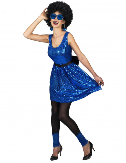 Déguisement robe disco bleue paillette avec gros noeud femme Déguisement robe disco bleue paillette avec gros noeud femme