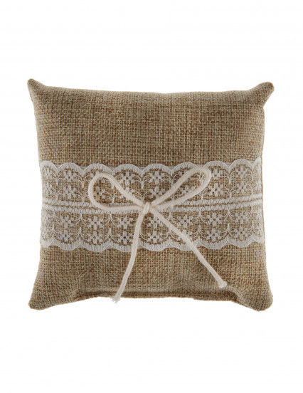 Coussin pour alliances en toile de jute et dentelle 12 cm Coussin pour alliances en toile de jute et dentelle 12 cm