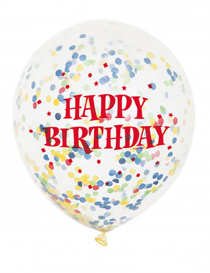 6 Ballons en latex transparent Happy Birthday avec confettis 30 cm 6 Ballons en latex transparent Happy Birthday avec confettis 30 cm
