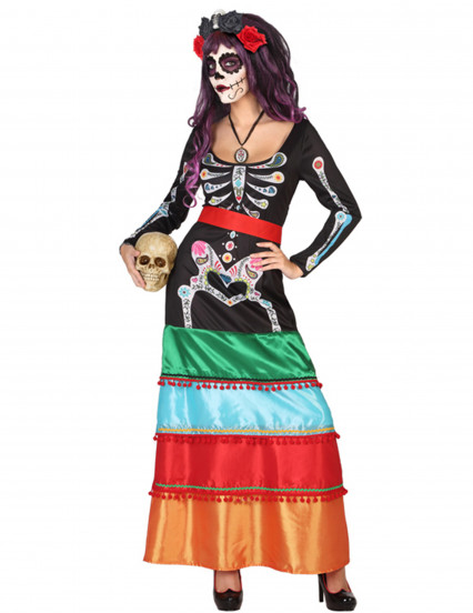 Déguisement mexicaine coloré long femme Dia de los muertos Déguisement mexicaine coloré long femme Dia de los muertos