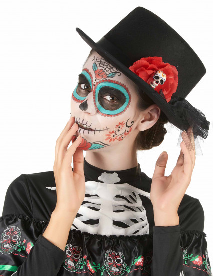 Chapeau haut de forme noir tête de mort fleur rouge Dia de los muertos adulte Chapeau haut de forme noir tête de mort fleur rouge Dia de los muertos adulte