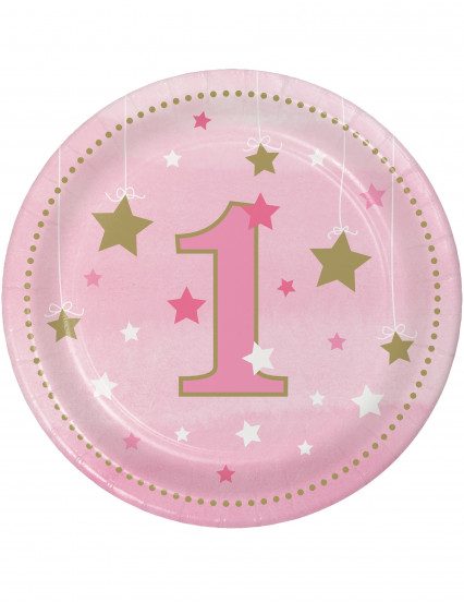 8 Petites assiettes en carton premier anniversaire One Little Star roses 18 cm 8 Petites assiettes en carton premier anniversaire One Little Star roses 18 cm