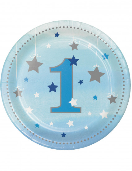 8 Petites assiettes premier anniversaire One Little Star bleues 18 cm 8 Petites assiettes premier anniversaire One Little Star bleues 18 cm