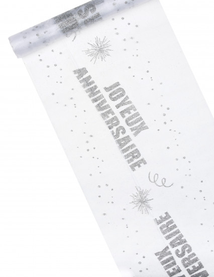 Chemin de table organza Joyeux Anniversaire argent 29 cm x 5 m Chemin de table organza Joyeux Anniversaire argent 29 cm x 5 m