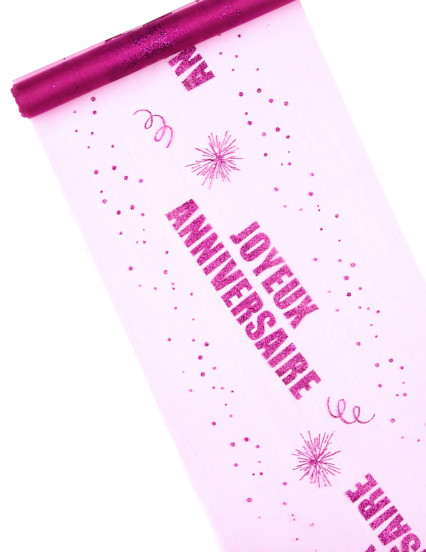 Chemin de table organza Joyeux Anniversaire fuchsia 29 cm x 5 m Chemin de table organza Joyeux Anniversaire fuchsia 29 cm x 5 m