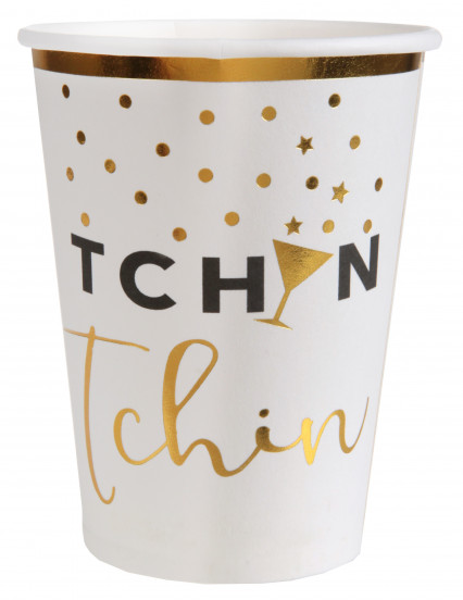 10 Gobelets en carton Tchin Tchin blanc et doré 7,8 x 9,7 cm 10 Gobelets en carton Tchin Tchin blanc et doré 7,8 x 9,7 cm