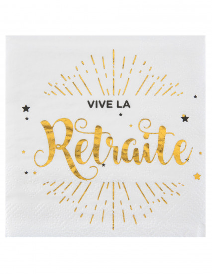 20 Petites serviettes en papier Vive la Retraite blanc et doré 25 x 25 cm 20 Petites serviettes en papier Vive la Retraite blanc et doré 25 x 25 cm