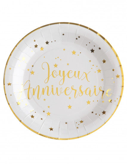 10 Assiettes en carton Joyeux Anniversaire métallisé blanc et doré 23 cm 10 Assiettes en carton Joyeux Anniversaire métallisé blanc et doré 23 cm