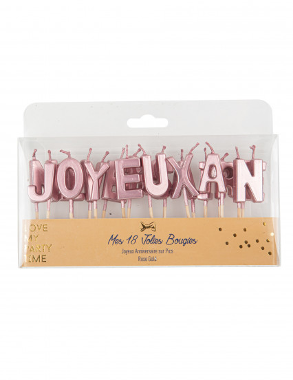 Bougies sur pic lettres Joyeux Anniversaire rose gold métallisé 4,3 cm Bougies sur pic lettres Joyeux Anniversaire rose gold métallisé 4,3 cm
