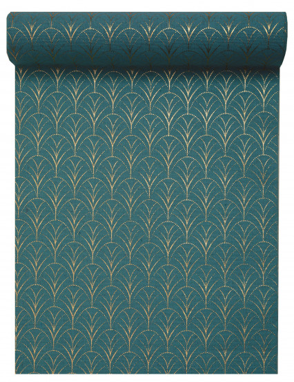 Chemin de table coton Art déco bleu canard et doré 28 cm x 3 m Chemin de table coton Art déco bleu canard et doré 28 cm x 3 m