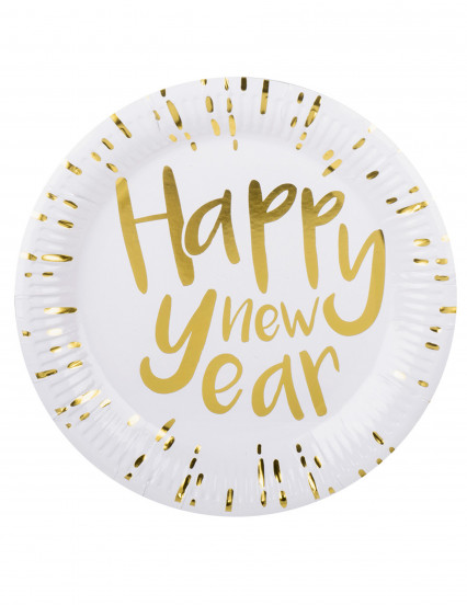 10 Assiettes en carton Happy New Year blanches et dorées 23 cm 10 Assiettes en carton Happy New Year blanches et dorées 23 cm
