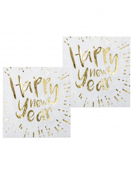 20 Serviettes en papier Happy New Year blanches et dorées 33 x 33 cm 20 Serviettes en papier Happy New Year blanches et dorées 33 x 33 cm