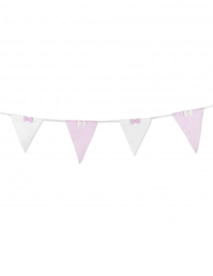 Guirlande 10 fanions tissus rayés rose et blanc nœuds assortis 2,8 m Guirlande 10 fanions tissus rayés rose et blanc nœuds assortis 2,8 m