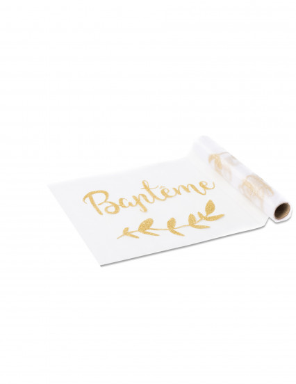 Chemin table en organza Baptême paillettes dorées 28 cm x 5 m Chemin table en organza Baptême paillettes dorées 28 cm x 5 m