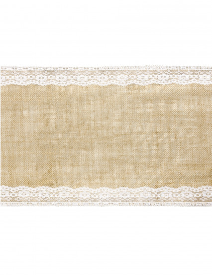 Chemin de table en jute bordures dentelle 28 cm x 2,75 m Chemin de table en jute bordures dentelle 28 cm x 2,75 m