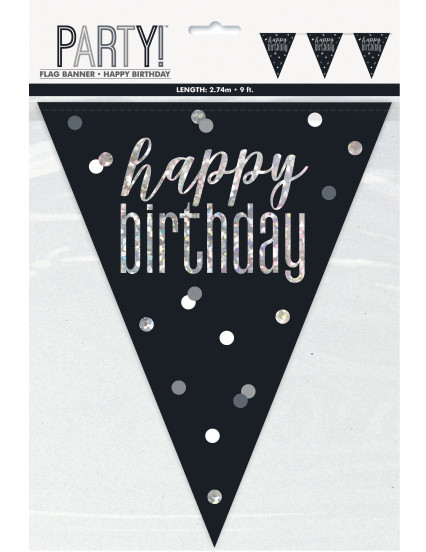 Guirlande en plastique happy birthday noire et grise 2,7 m Guirlande en plastique happy birthday noire et grise 2,7 m