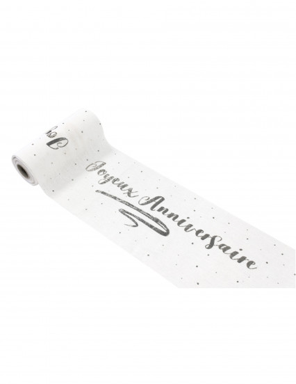 Chemin de table en toile Joyeux Anniversaire argent 14 cm x 4 m Chemin de table en toile Joyeux Anniversaire argent 14 cm x 4 m