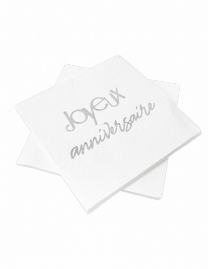 20 Serviettes en papier joyeux anniversaire argentées métallisées 33 x 33 cm 20 Serviettes en papier joyeux anniversaire argentées métallisées 33 x 33 cm
