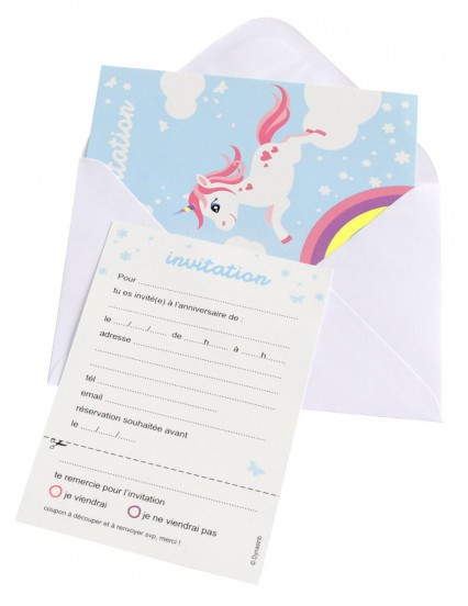 6 Cartons d'invitation avec enveloppes licorne magique bleue 6 Cartons d'invitation avec enveloppes licorne magique bleue