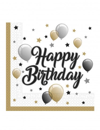 20 Serviettes en papier happy birthday doré noir argent 33 x 33 cm 20 Serviettes en papier happy birthday doré noir argent 33 x 33 cm