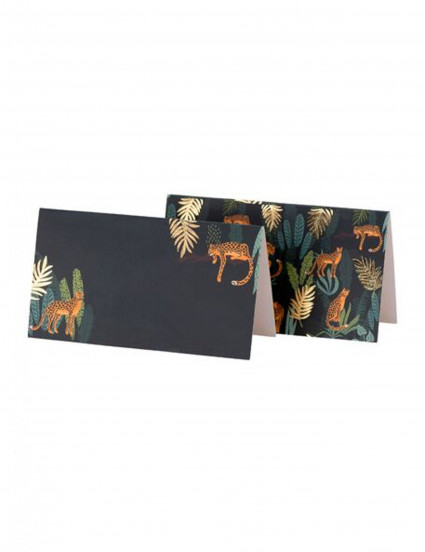 8 Marque-places en carton léopard et feuillages verts et dorures 9 x 5 cm 8 Marque-places en carton léopard et feuillages verts et dorures 9 x 5 cm