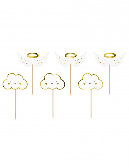 6 Cake toppers en bois nuages et ailes blanches et dorées métallisées 12,5 cm 6 Cake toppers en bois nuages et ailes blanches et dorées métallisées 12,5 cm