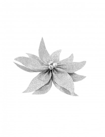 Nœud de poinsettia avec grelots pailleté argenté 20 cm Nœud de poinsettia avec grelots pailleté argenté 20 cm