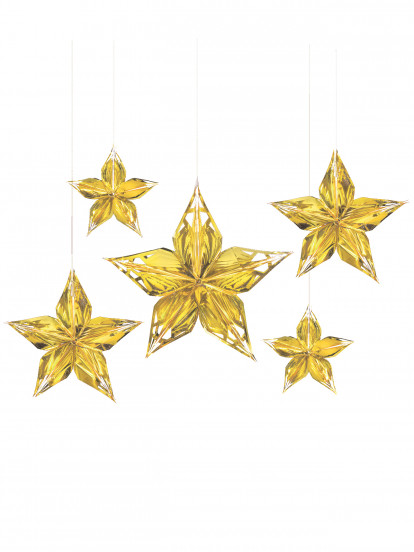 5 Décorations étoiles à suspendre métallisées dorées 5 Décorations étoiles à suspendre métallisées dorées