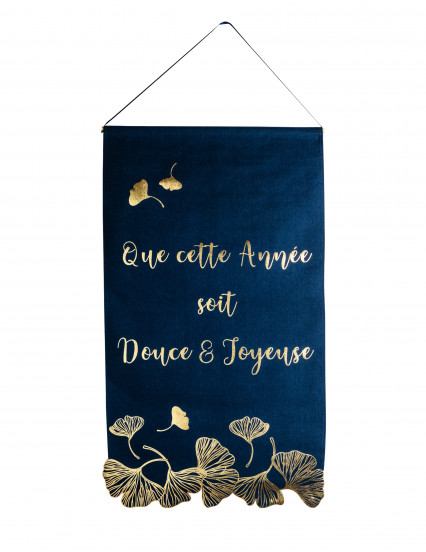 Suspension bonne année ginkgo lin marine et or 51,5 x 88 cm Suspension bonne année ginkgo lin marine et or 51,5 x 88 cm