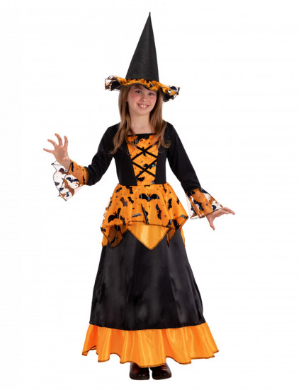 Déguisement sorcière chauve-souris avec chapeau noir et orange fille Déguisement sorcière chauve-souris avec chapeau noir et orange fille