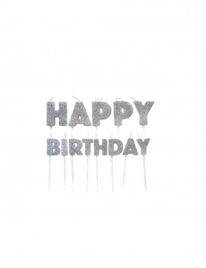 Bougies sur pics happy birthday argentées pailletées 5,5 à 7 cm Bougies sur pics happy birthday argentées pailletées 5,5 à 7 cm