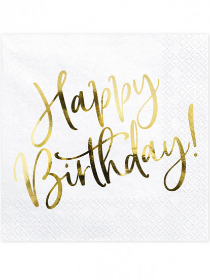20 Serviettes en papier happy birthday blanches et dorées 33 x 33 cm 20 Serviettes en papier happy birthday blanches et dorées 33 x 33 cm