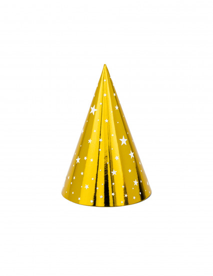 6 Chapeaux de fête en carton dorés étoiles blanches 16 cm 6 Chapeaux de fête en carton dorés étoiles blanches 16 cm