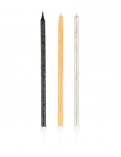 12 Grandes bougies pailletées noires, dorées et grises 15 cm 12 Grandes bougies pailletées noires, dorées et grises 15 cm
