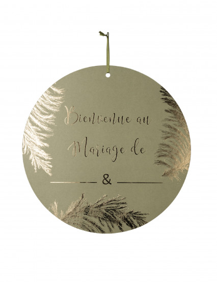 Pancarte en carton Bienvenue au mariage de ... kaki et dorure or 38 cm Pancarte en carton Bienvenue au mariage de ... kaki et dorure or 38 cm