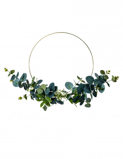 Couronne en métal d'eucalyptus et fleurs blanches cercle or 30 cm Couronne en métal d'eucalyptus et fleurs blanches cercle or 30 cm