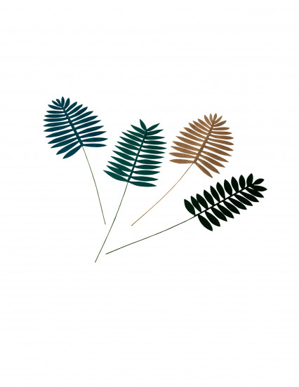 4 Feuilles de palme velours vert et paillettes or 9 x 38 et 14 x 38 cm 4 Feuilles de palme velours vert et paillettes or 9 x 38 et 14 x 38 cm