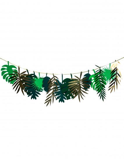 Guirlande en carton feuilles tropicales dorées et dégradé de vert 2 m Guirlande en carton feuilles tropicales dorées et dégradé de vert 2 m