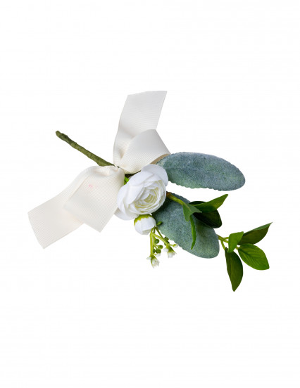 Branche de pivoines blanches et feuillages avec ruban 20 cm Branche de pivoines blanches et feuillages avec ruban 20 cm