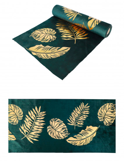 Chemin de table en velours vert feuilles dorées 28 cm x 3 m Chemin de table en velours vert feuilles dorées 28 cm x 3 m